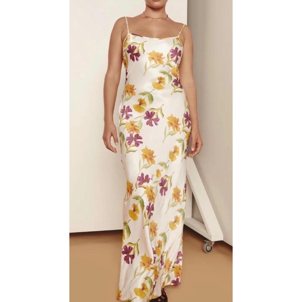 VRG GRL Neta Bias Cut Maxi Dress Floral Cream Yellow Purple Size‎ 8 Womens